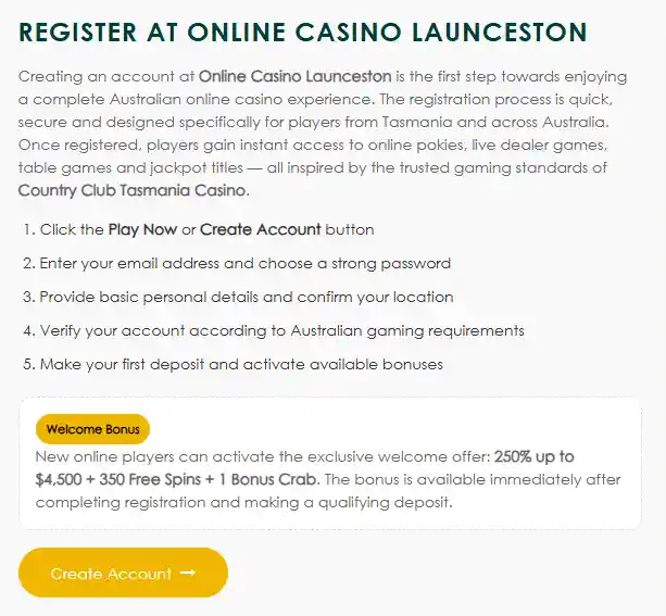 LauncestonCasino.com registration and login area with account access controls