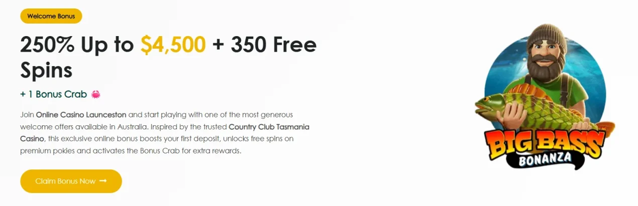 LauncestonCasino.com welcome bonus area showing the main online casino promotion