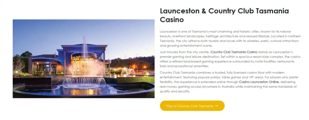 LauncestonCasino.com section describing Online Casino Launceston and its connection with Country Club Tasmania