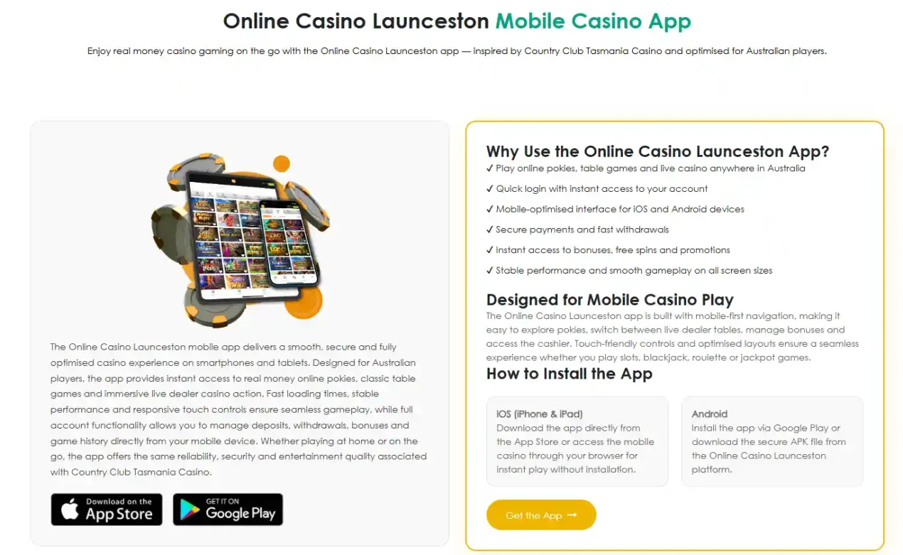 LauncestonCasino.com mobile casino section displayed on a smartphone-sized layout