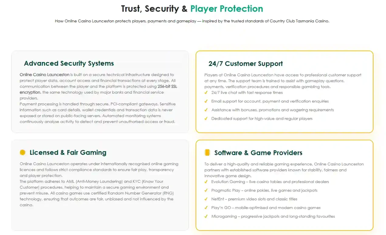 LauncestonCasino.com trust and player protection section with security, support and responsible gambling information