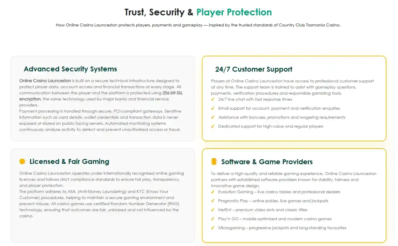 LauncestonCasino.com security section describing KYC and AML procedures
