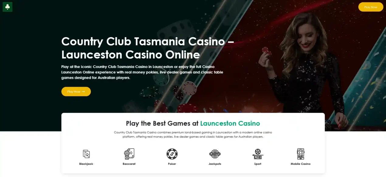 LauncestonCasino.com homepage with online casino sections and navigation