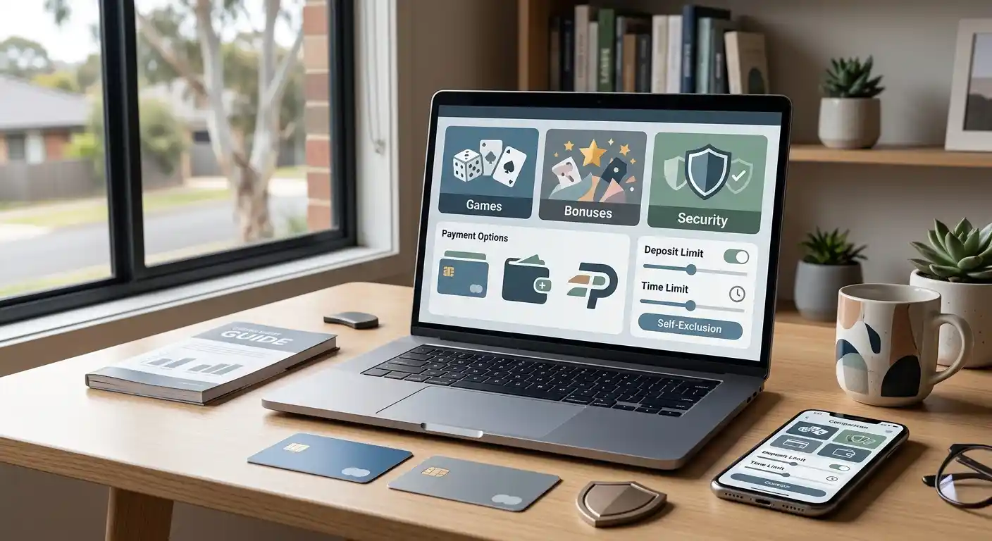 Laptop and phone displaying a casino comparison layout beside payment cards and responsible gambling controls